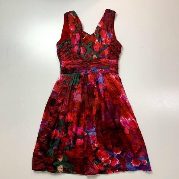 Banana Republic Dress Silk Watercolor Painting Red Pink Ruched V Neck Wedding 2 - Picture 9 of 12